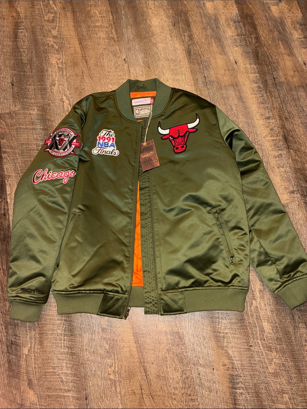 Mitchell & Ness Olive Chicago Bulls Satin Patch Bomber Jacket
